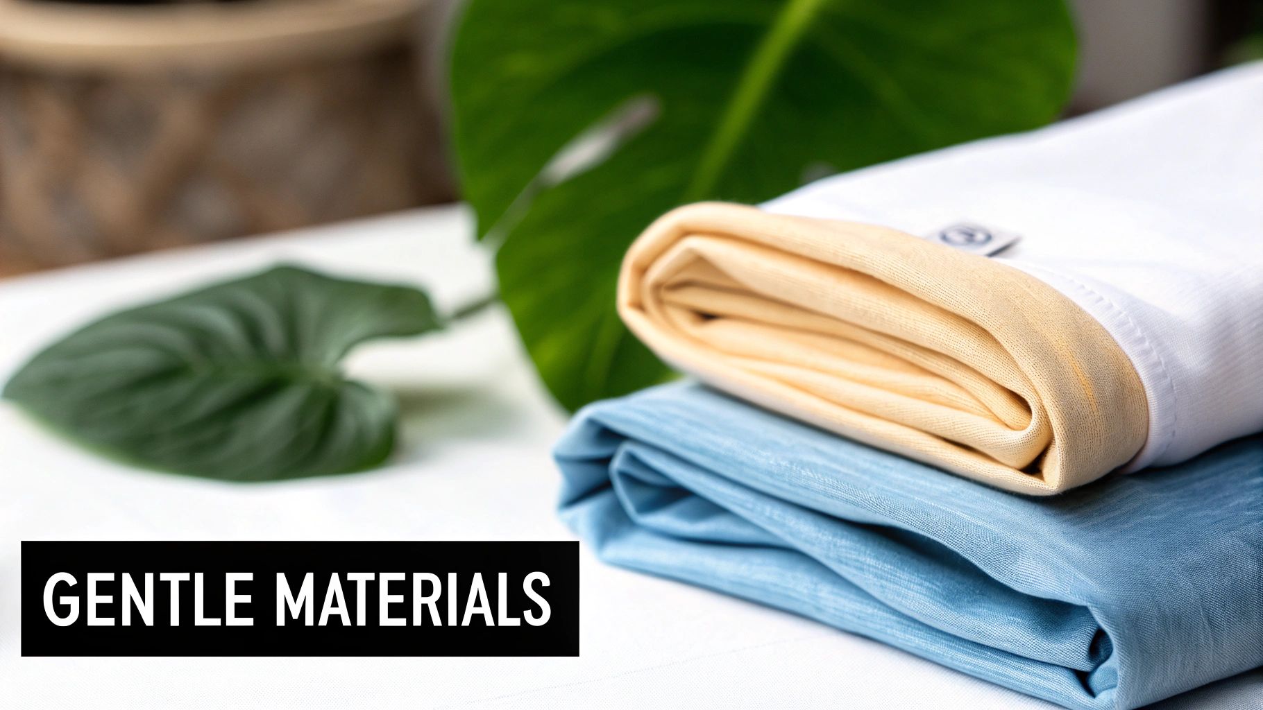 Soft yellow and blue folded fabrics on a white surface with green leaves in the background, promoting gentle materials.