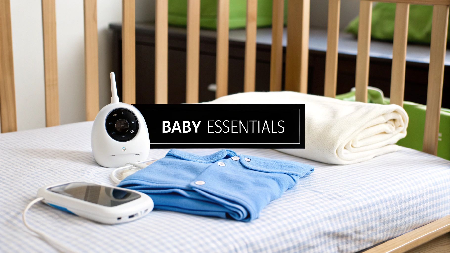 Baby essentials including a monitor, folded blue clothes, and a blanket in a crib with a checkered sheet.