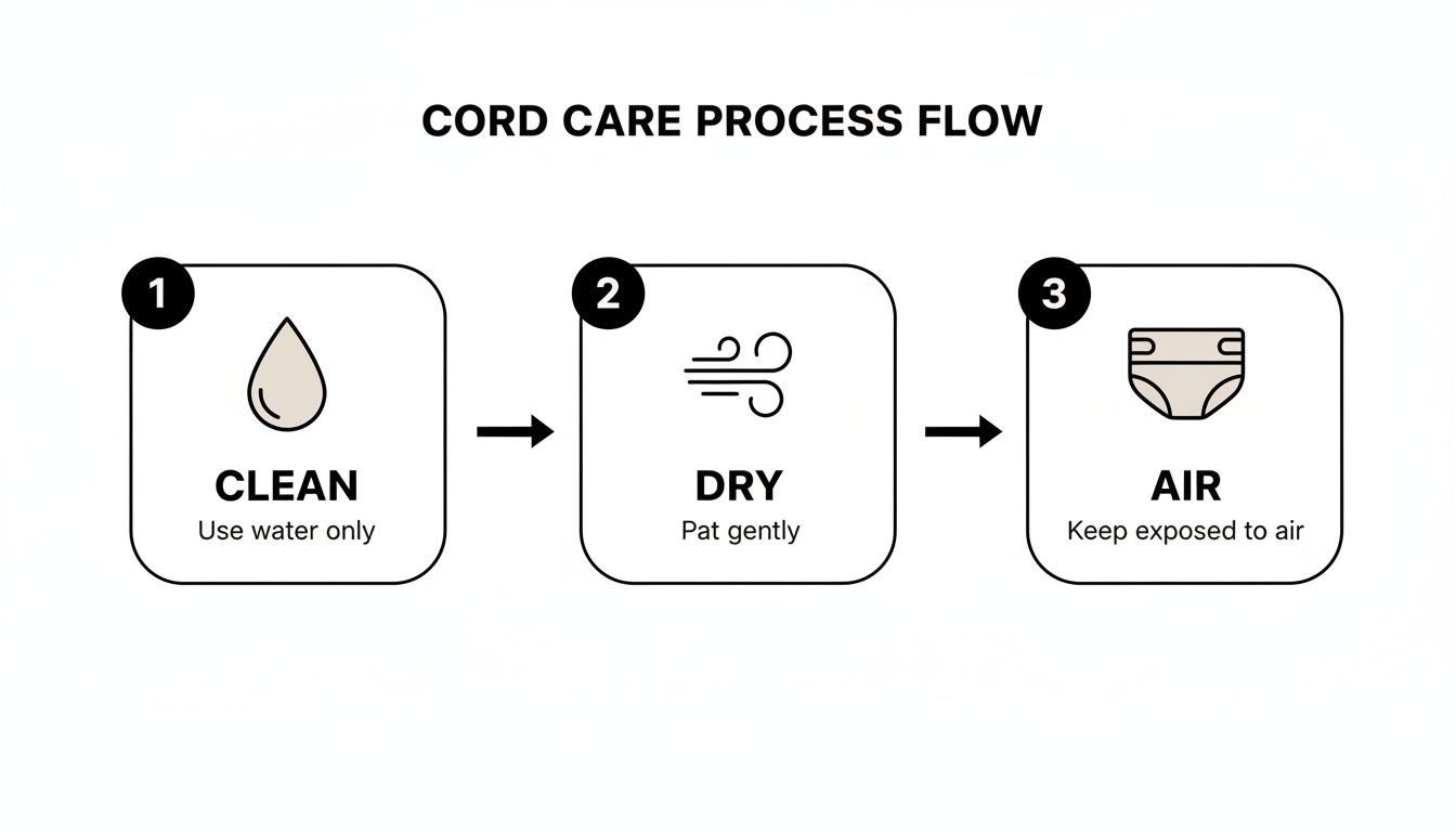 A three-step infographic showing how to clean, dry, and air a newborn's umbilical cord.