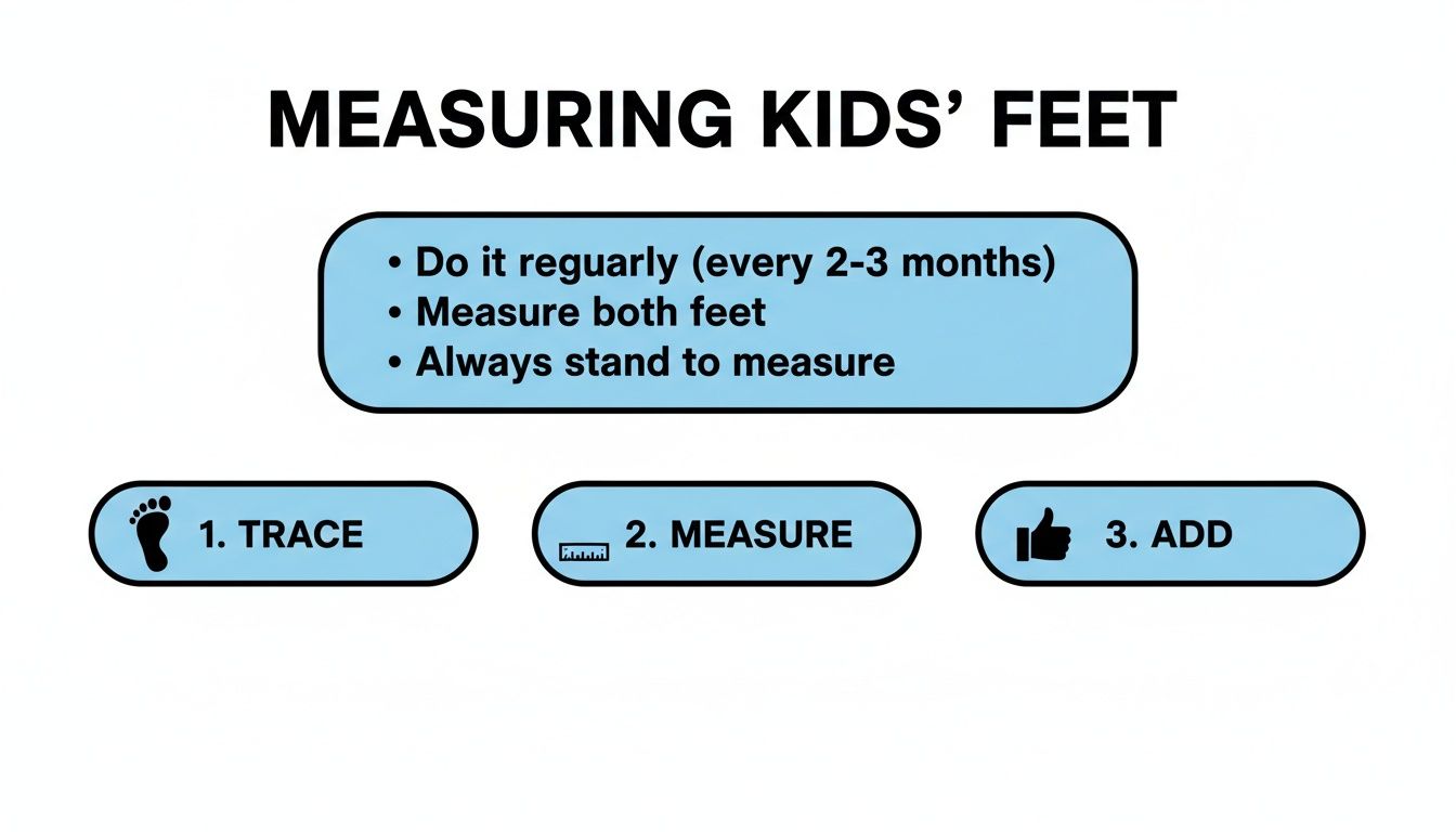 Instructions for measuring kids' feet, including tracing, measuring, and adding regularly for both feet.