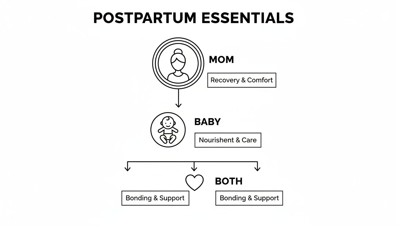 A flowchart titled 'Postpartum Essentials' showing needs for mom, baby, and both parents.