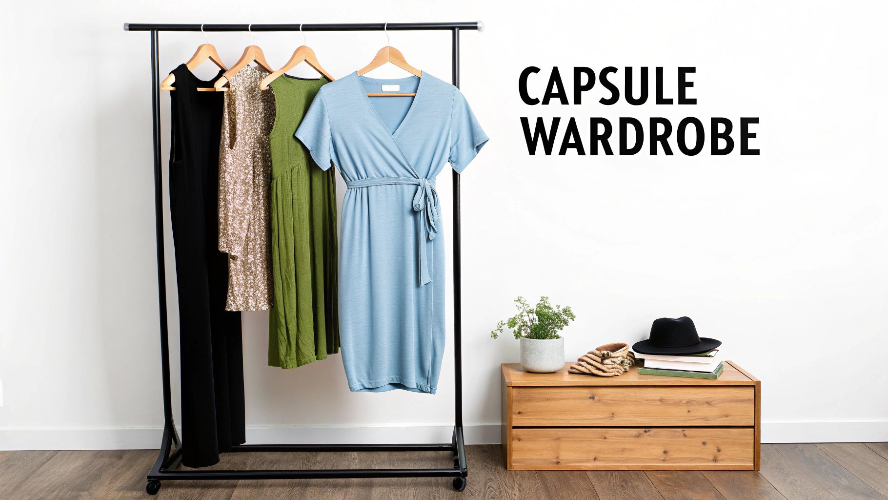 A capsule wardrobe featuring dresses on a clothing rack, next to a wooden chest with accessories and a plant.