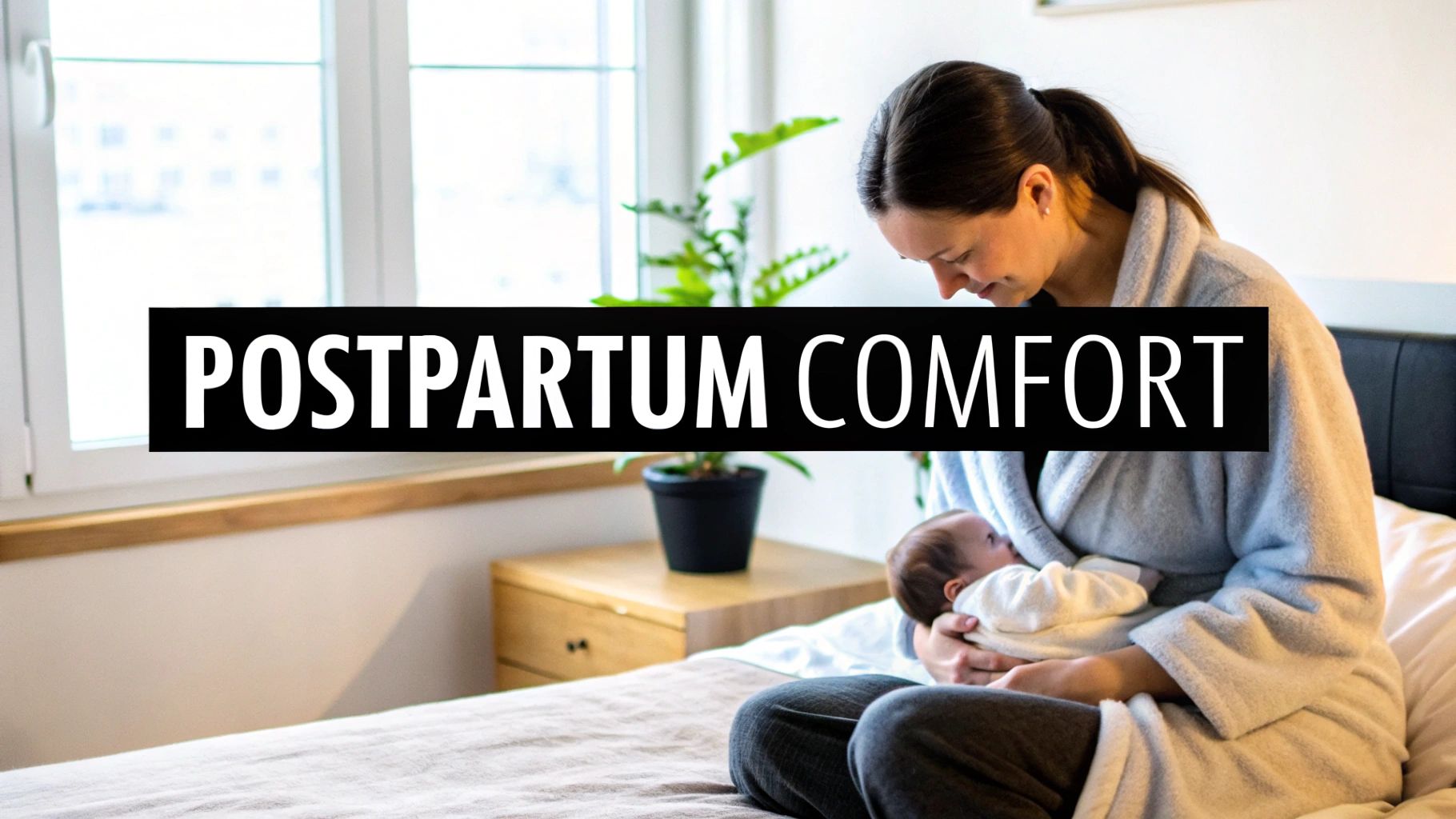 A mother in a soft robe lovingly breastfeeds her newborn baby on a comfortable bed.