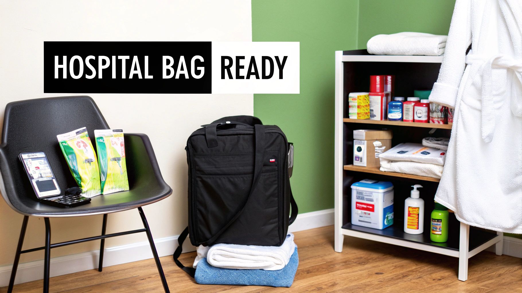 A black hospital bag sits ready on folded towels, surrounded by postpartum essentials and toiletries.