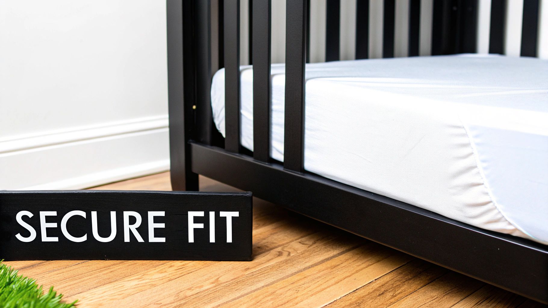 A black baby crib with a white fitted sheet, and a prominent 'SECURE FIT' sign on a wooden floor.