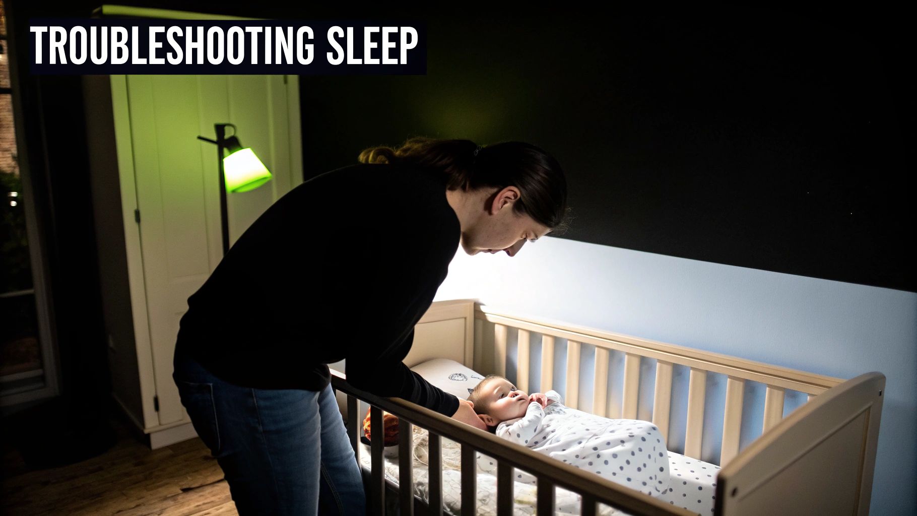 A parent gently leans over a baby in a crib, fostering a peaceful bedtime routine.
