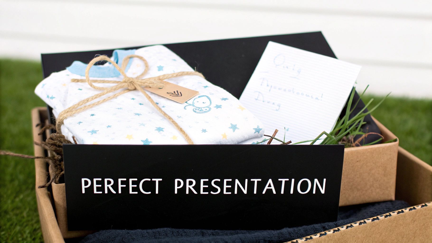 A beautifully packaged gift box with a baby onesie, note, and decorative grass, featuring 'PERFECT PRESENTATION'.