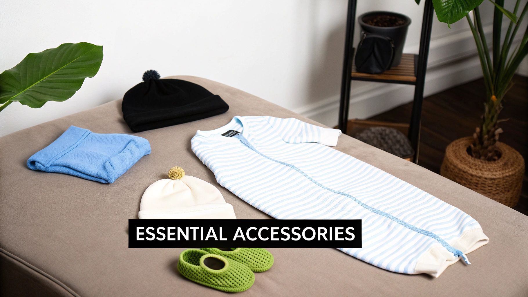 A collection of newborn essentials including a blue blanket, black and white beanies, striped sleep sack, and green booties.