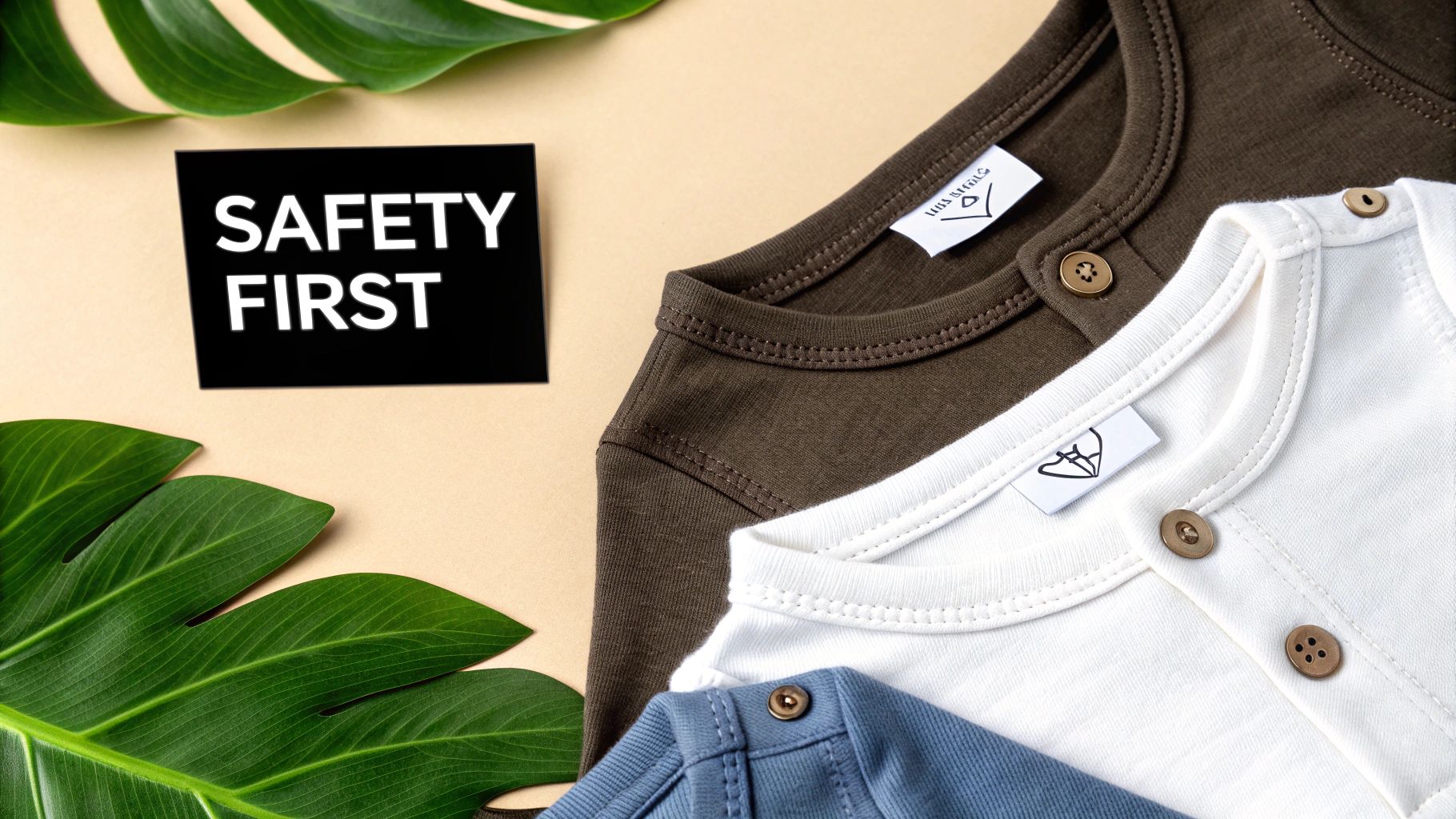 Three colorful baby bodysuits, a 'SAFETY FIRST' card, and green leaves on a neutral background.