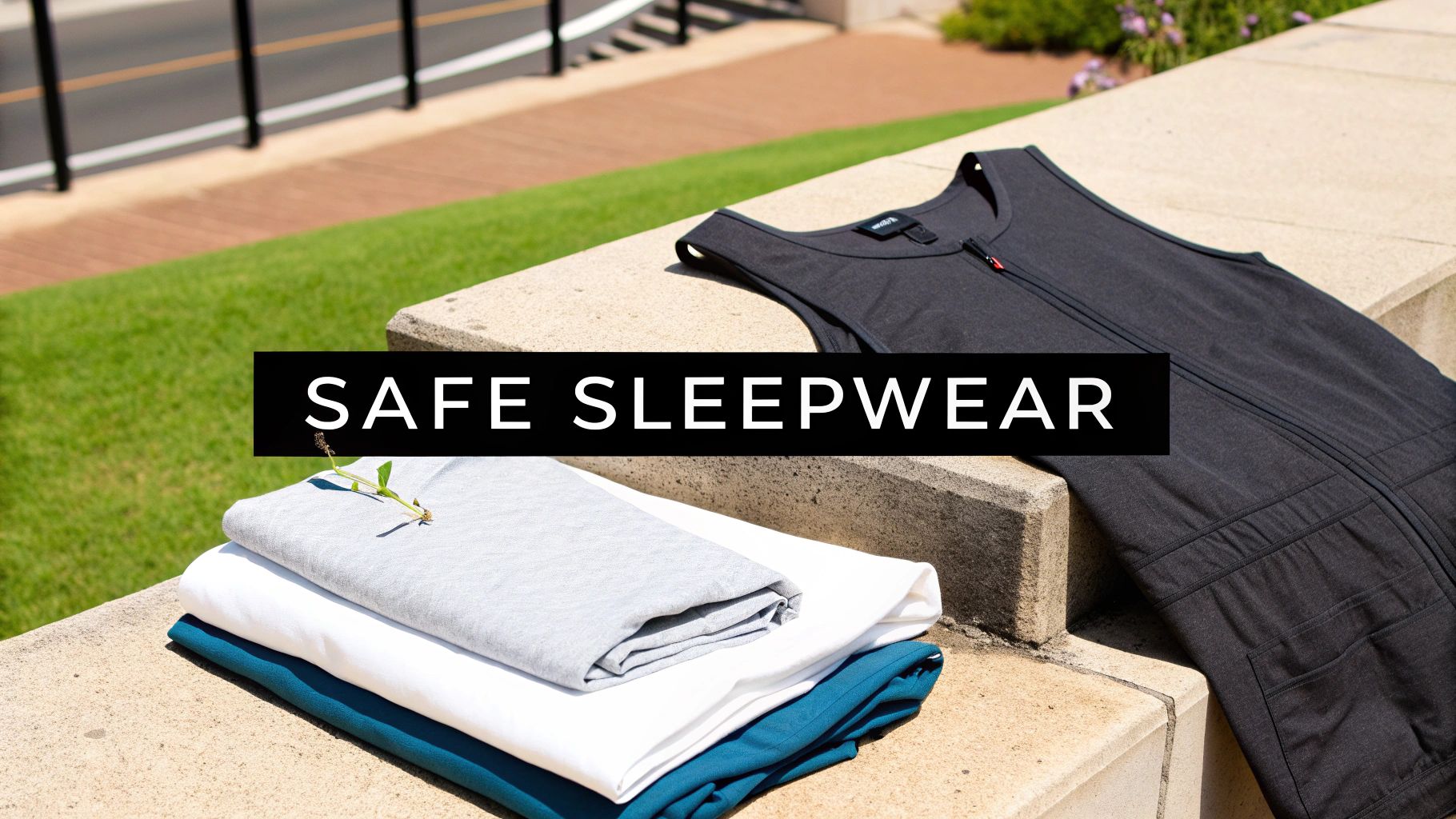 A black zip-up sleep sack and folded sleepwear in grey, white, and teal on a stone ledge.