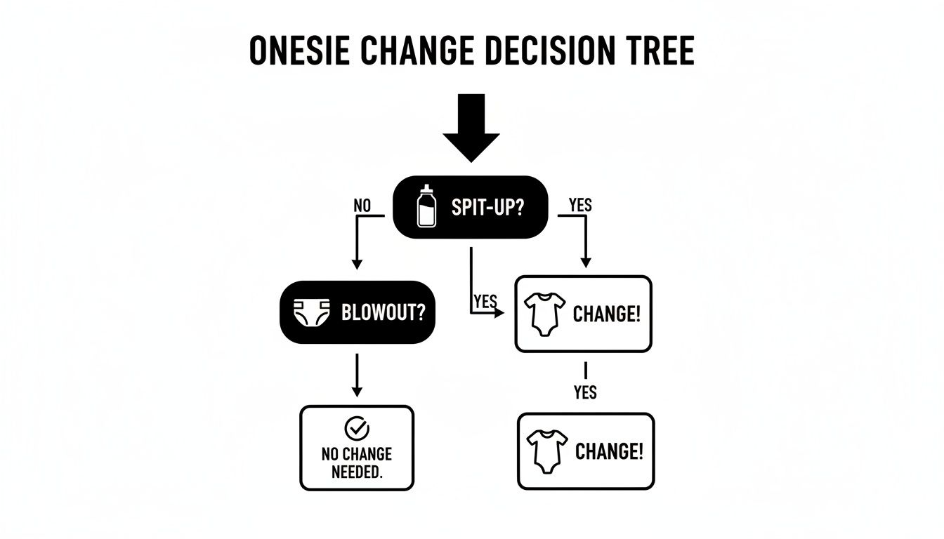 A onesie change decision tree flowchart asking about spit-up and blowouts.