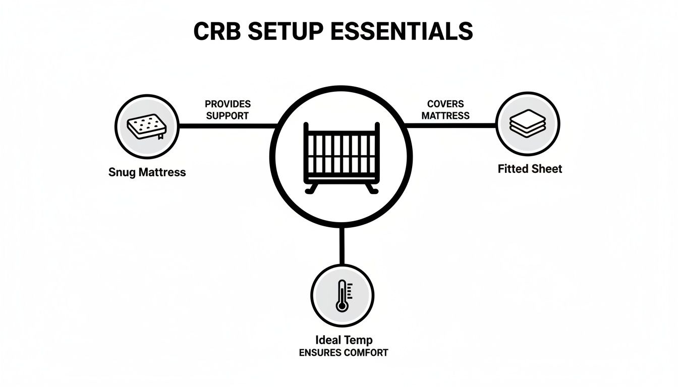 Diagram illustrating crib setup essentials: snug mattress, fitted sheet, and ideal room temperature.
