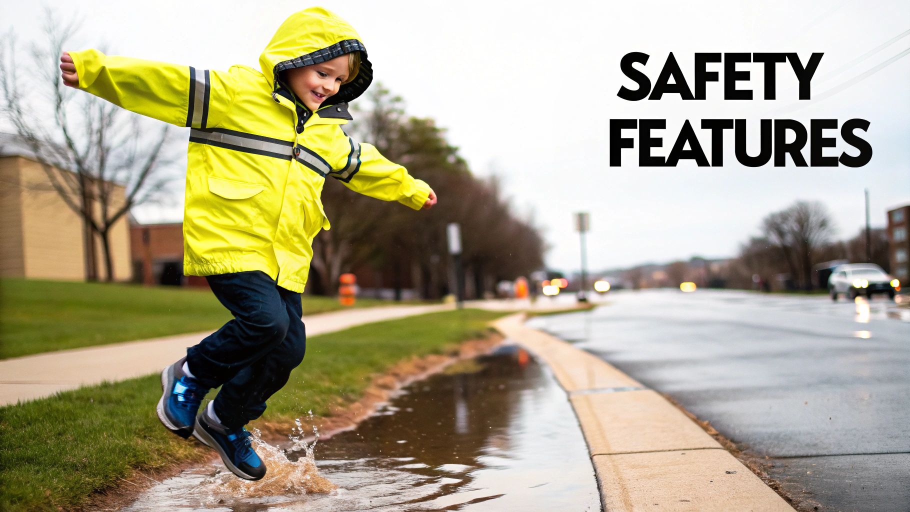A smiling boy in a yellow reflective raincoat splashes joyfully in a street puddle.