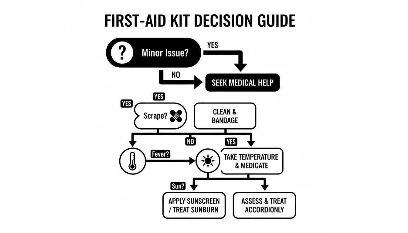 A first-aid kit decision guide flowchart for minor issues, scrapes, fever, and sun-related problems.