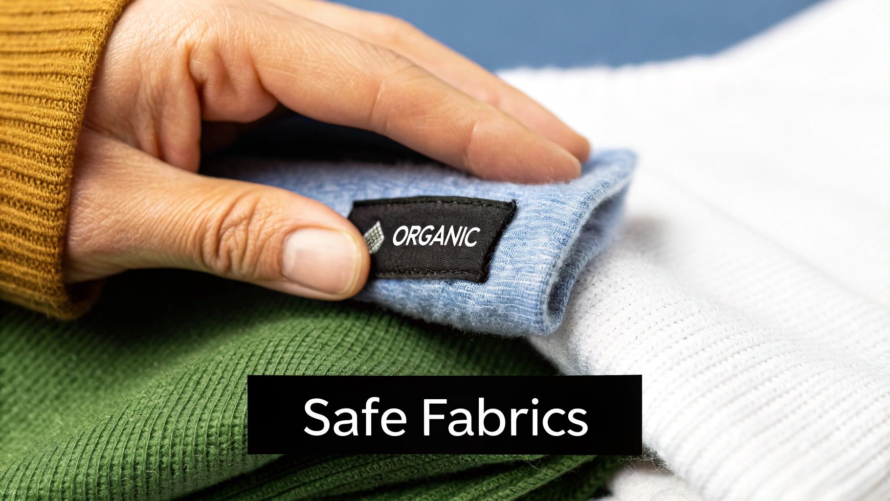 A hand touches a pile of soft organic blue, green, and white fabrics with an 'ORGANIC' label.