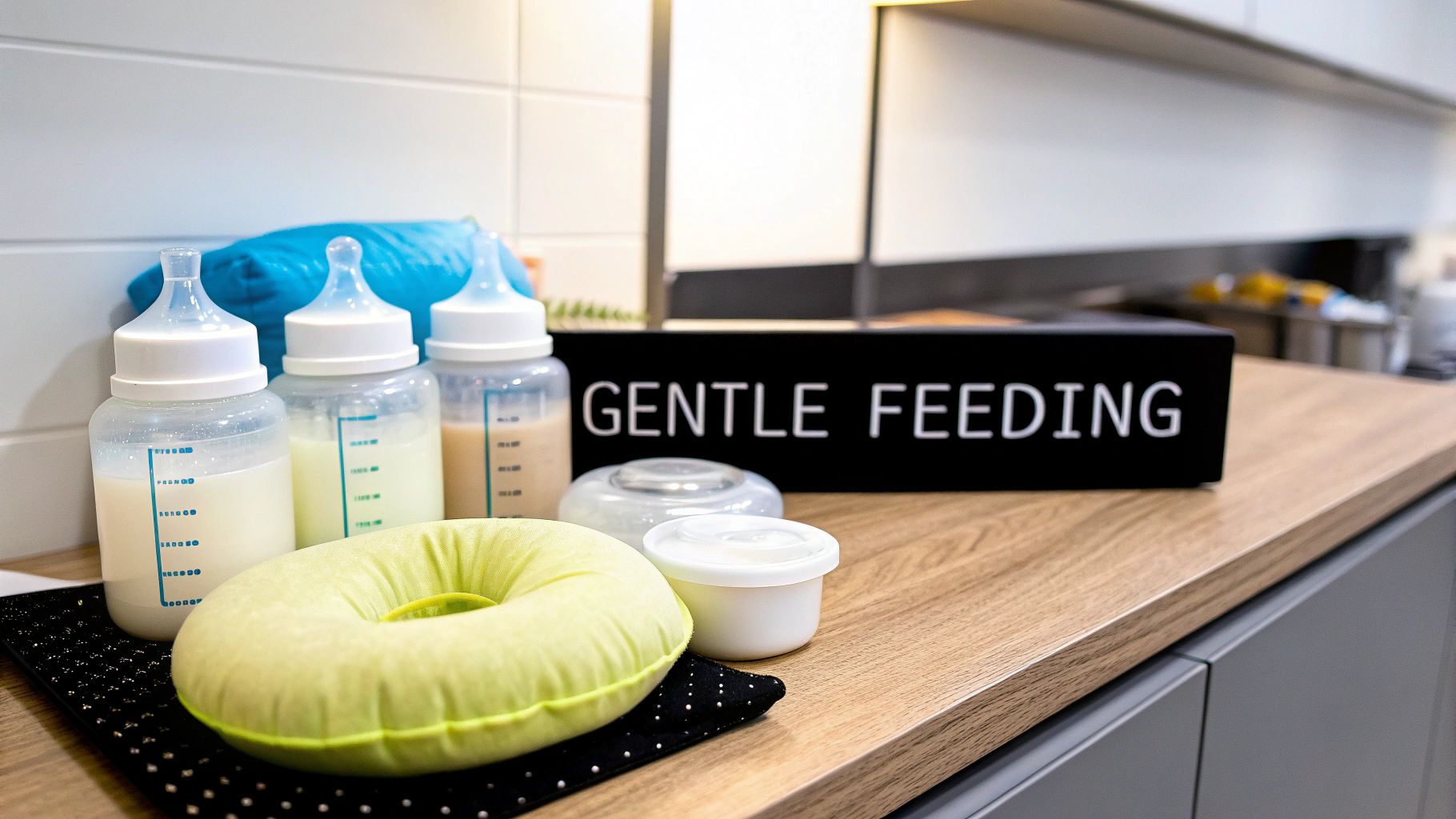 Three baby bottles filled with milk, a light green feeding pillow, and a 'GENTLE FEEDING' sign on a wooden counter.
