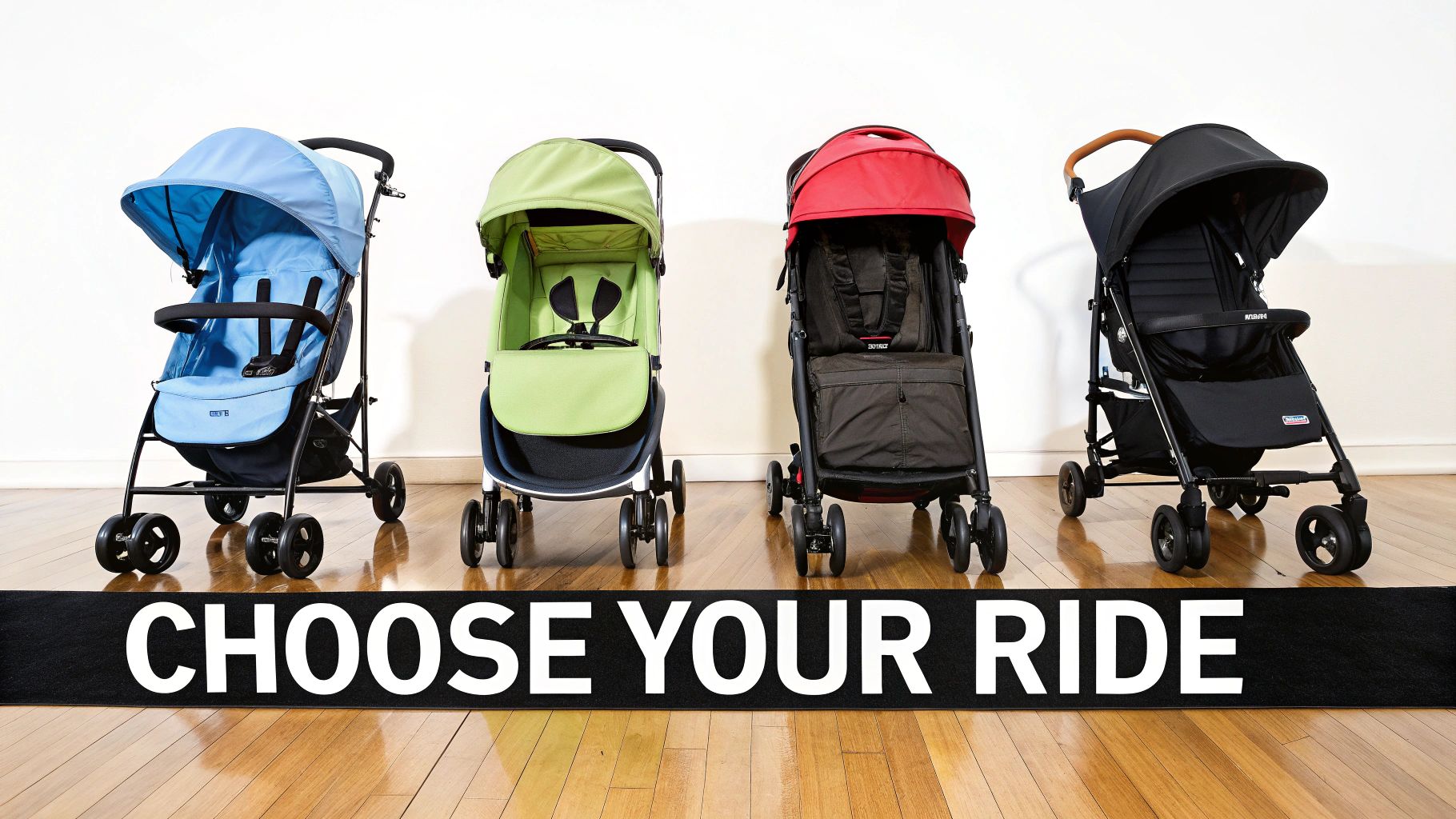 Four colorful baby strollers in blue, green, red, and black, aligned on a wooden floor with a 'Choose Your Ride' banner.