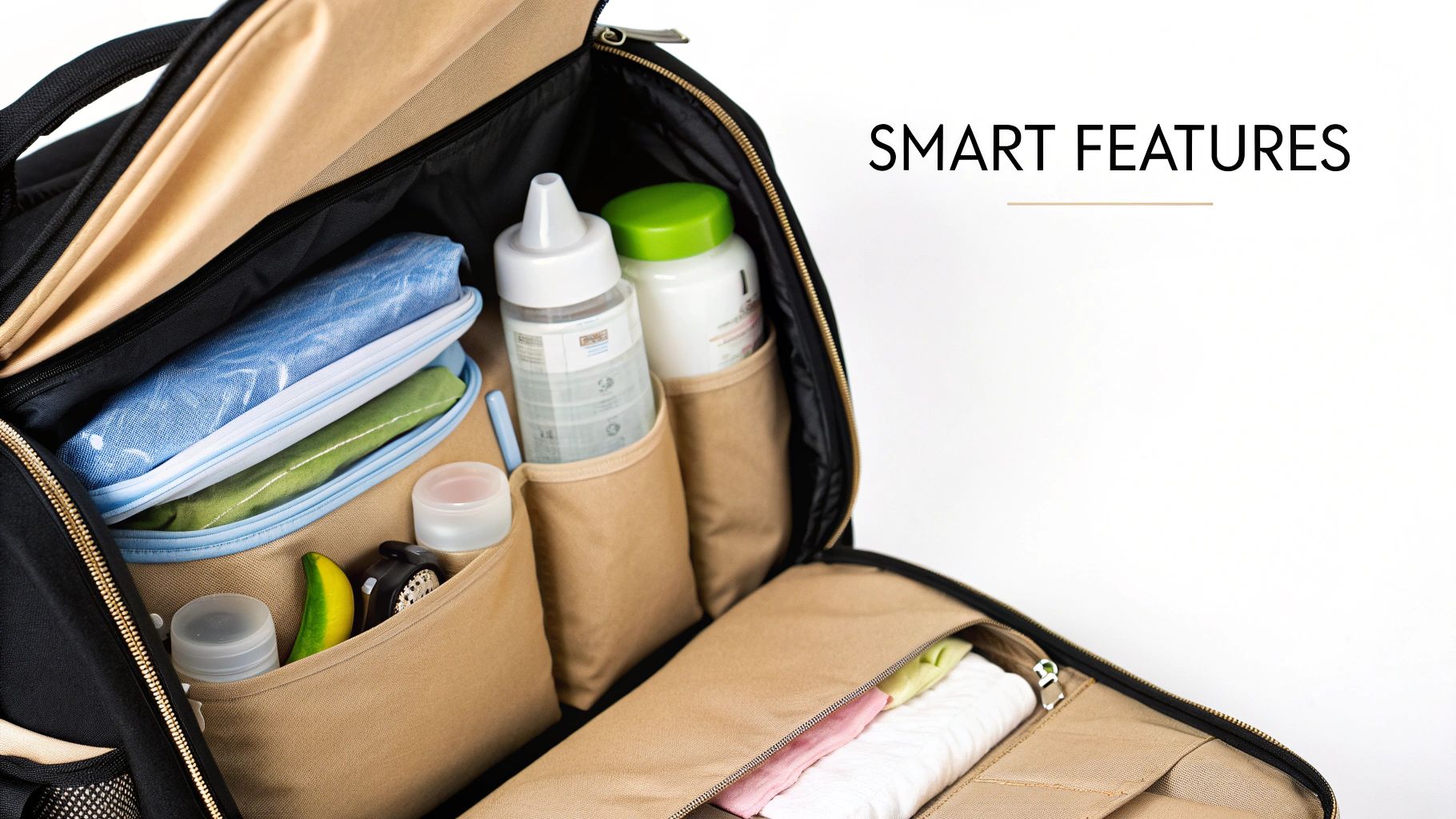 Inside a black and tan diaper bag showcasing smart organizational features with bottles, pouches, and clothes.