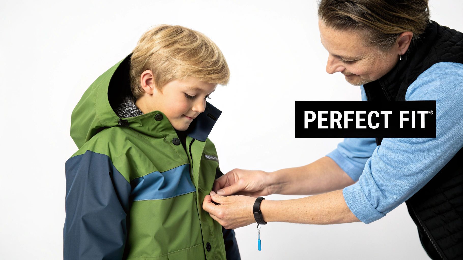 A woman helps a young boy button up his green and blue raincoat for a perfect fit.