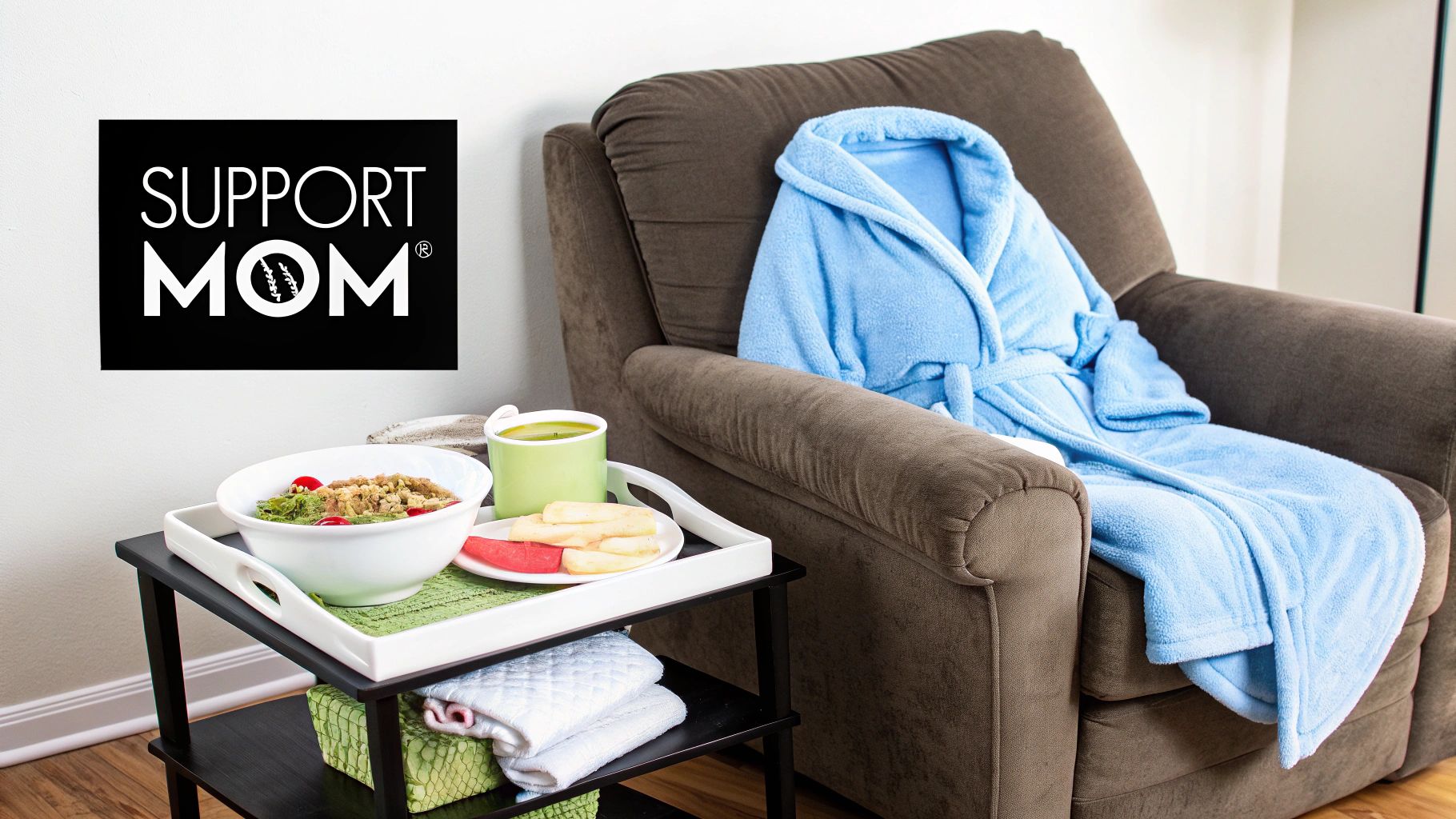 Cozy setup with a blue bathrobe on an armchair, a breakfast tray, and a 'SUPPORT MOM' sign.