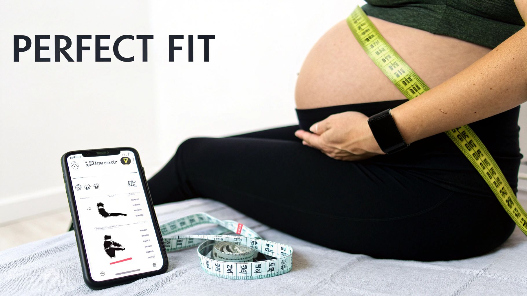 A pregnant woman with a measuring tape around her belly, next to a smartphone displaying a fitness app.