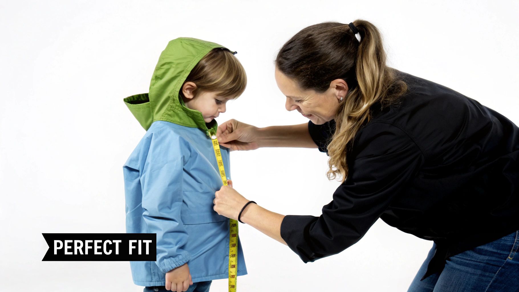 Smiling woman measures a young boy's blue and green rain jacket with a tape measure.