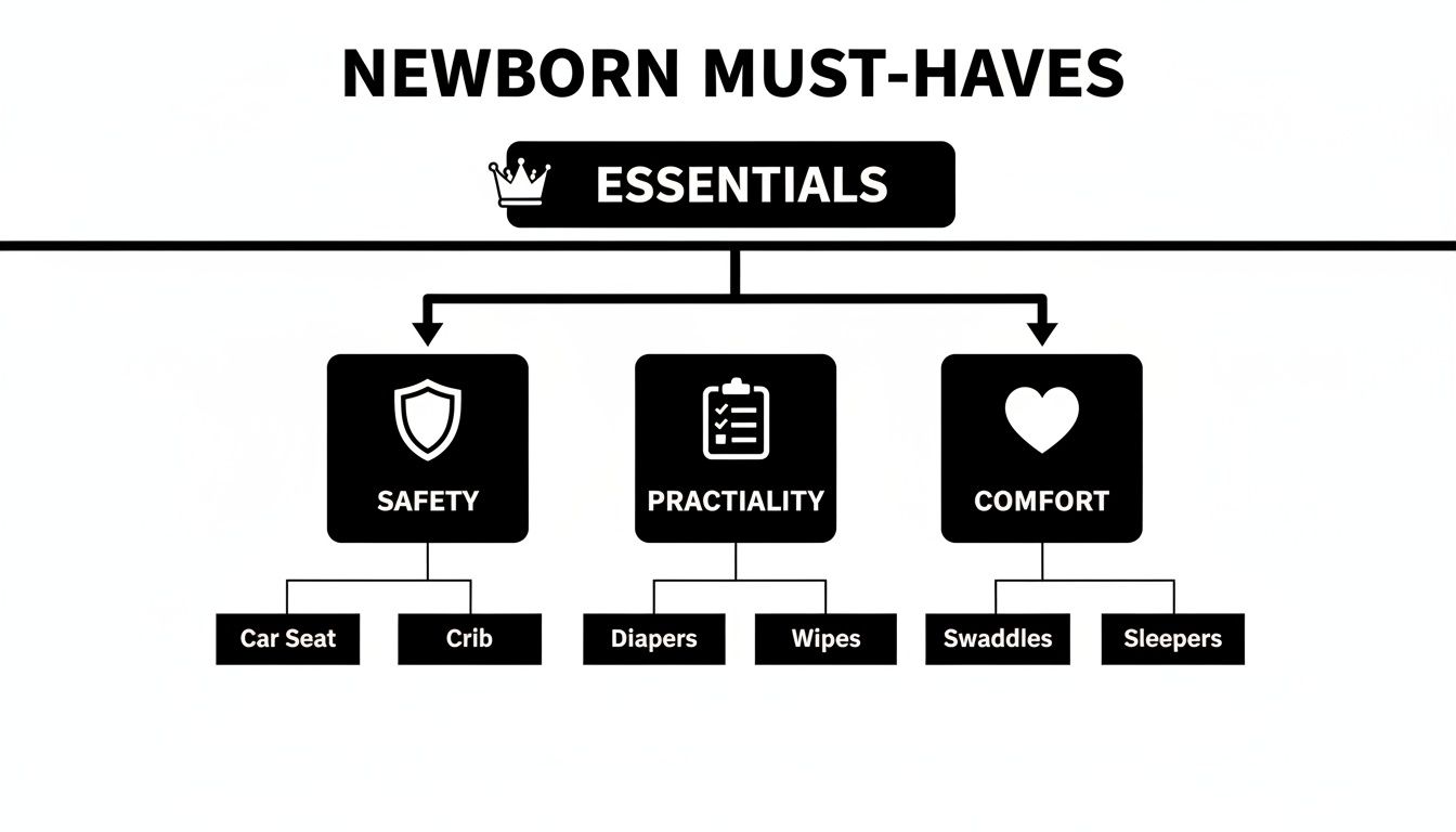 A flowchart showing newborn must-haves categorized into safety, practicality, and comfort with specific items.