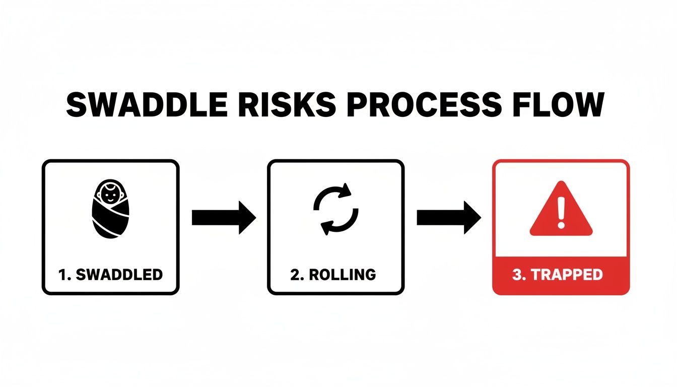 A three-step process flow illustrates swaddle risks: swaddled baby, then rolling, leading to being trapped.