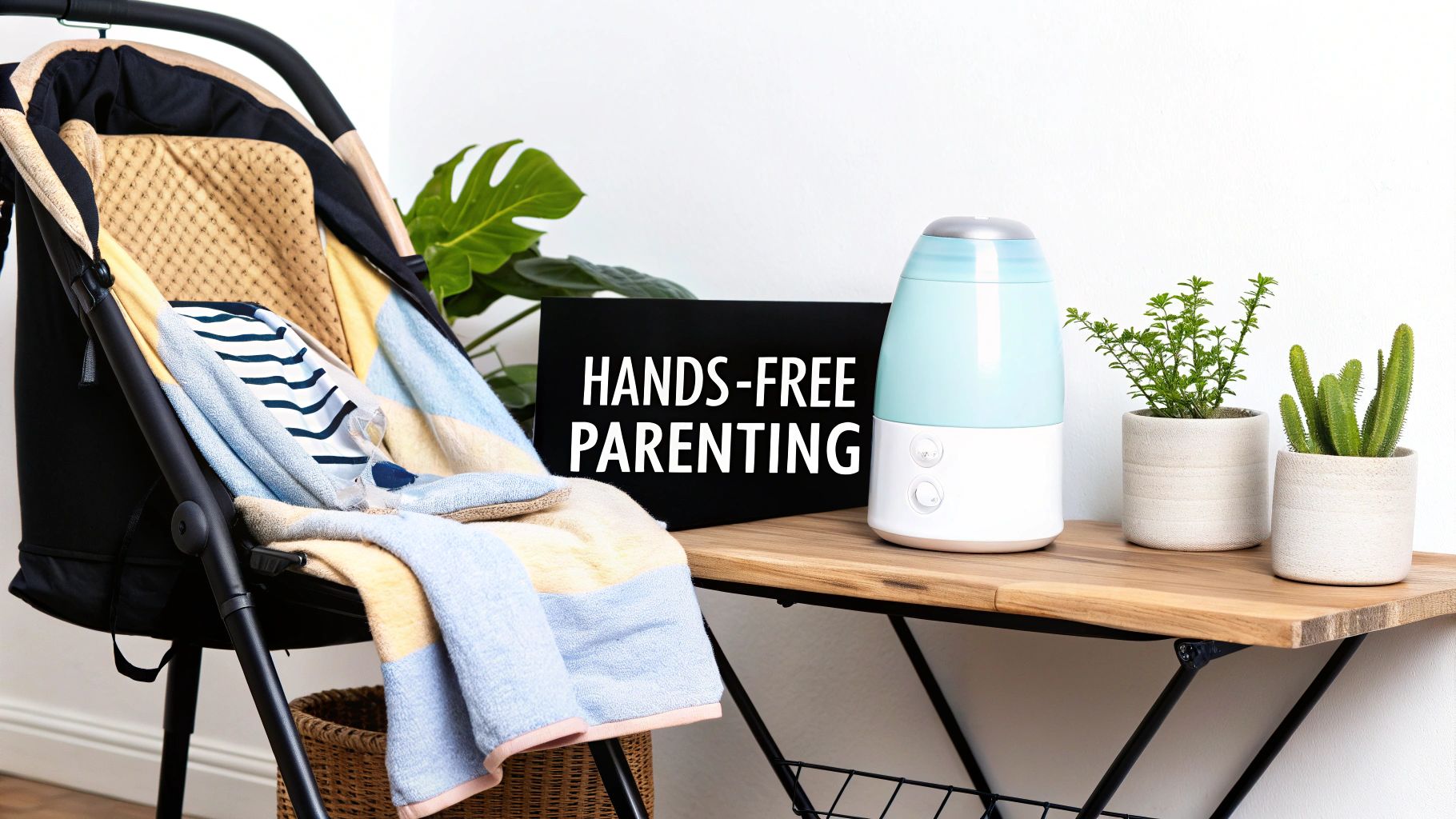 A baby stroller with a blanket and clothes, next to a table with a humidifier and a sign saying 'Hands-Free Parenting'.