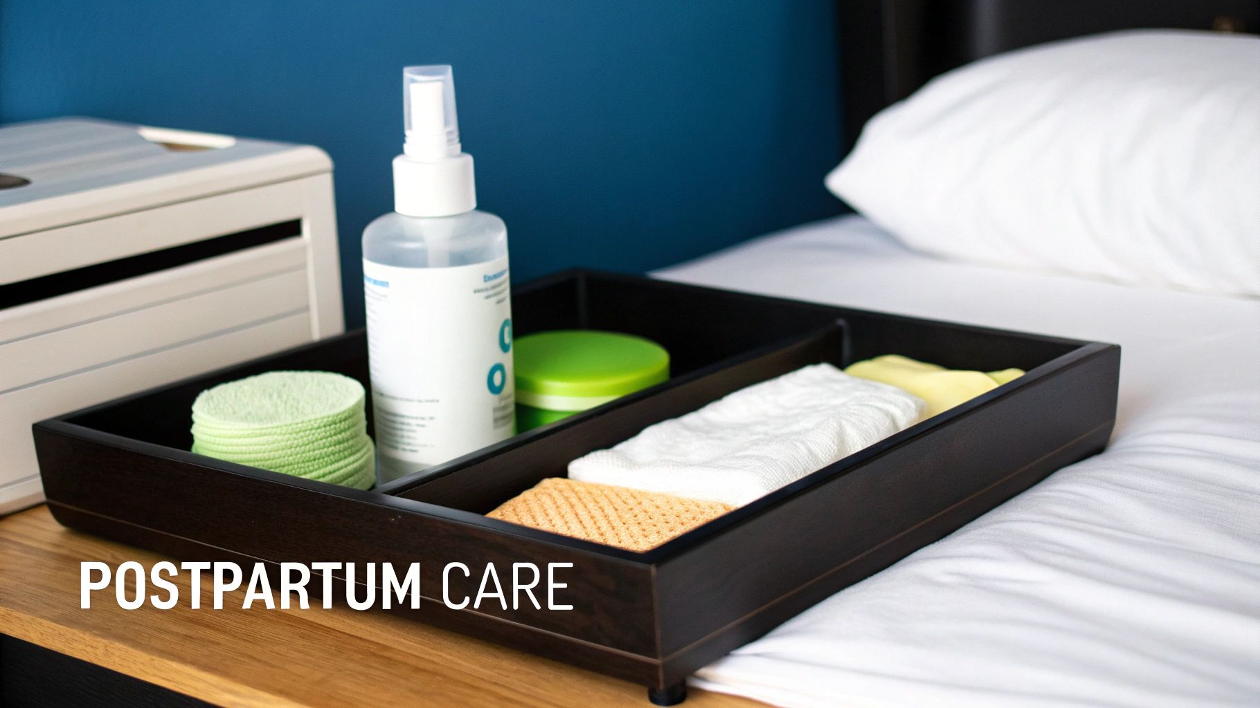 A dark wooden tray filled with postpartum care essentials like a spray bottle, cotton pads, and cloths, sitting on a bedside table.