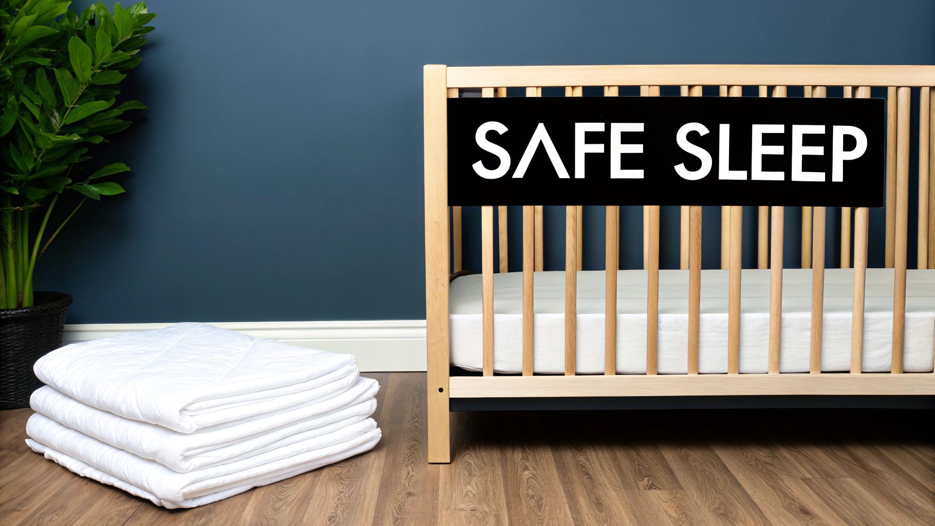A wooden baby crib with a 'SAFE SLEEP' sign, white blankets, and a plant against a blue wall.