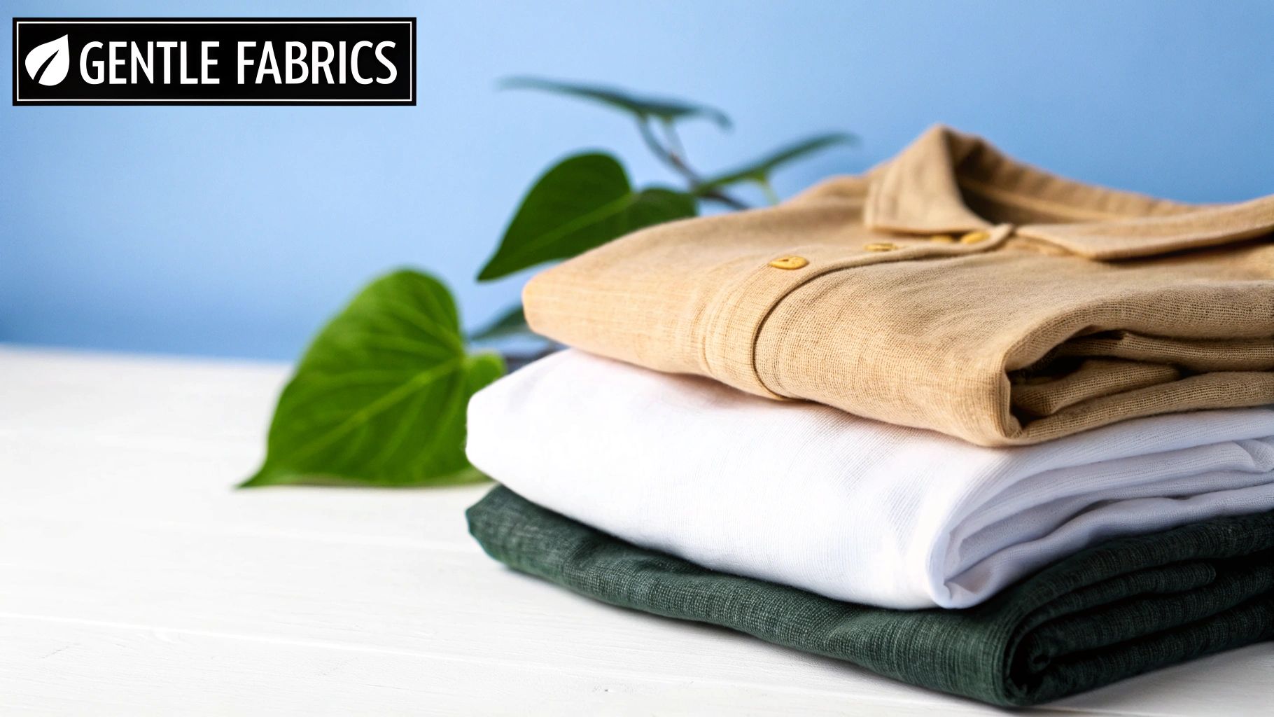 Stack of neatly folded gentle fabrics in tan, white, and dark green on a wooden table.