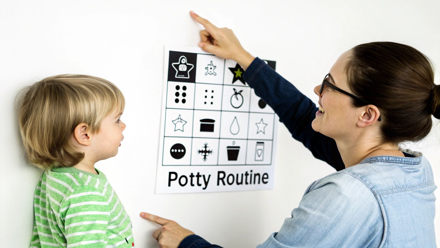A smiling woman and a young toddler point at a "Potty Routine" chart on a white wall.