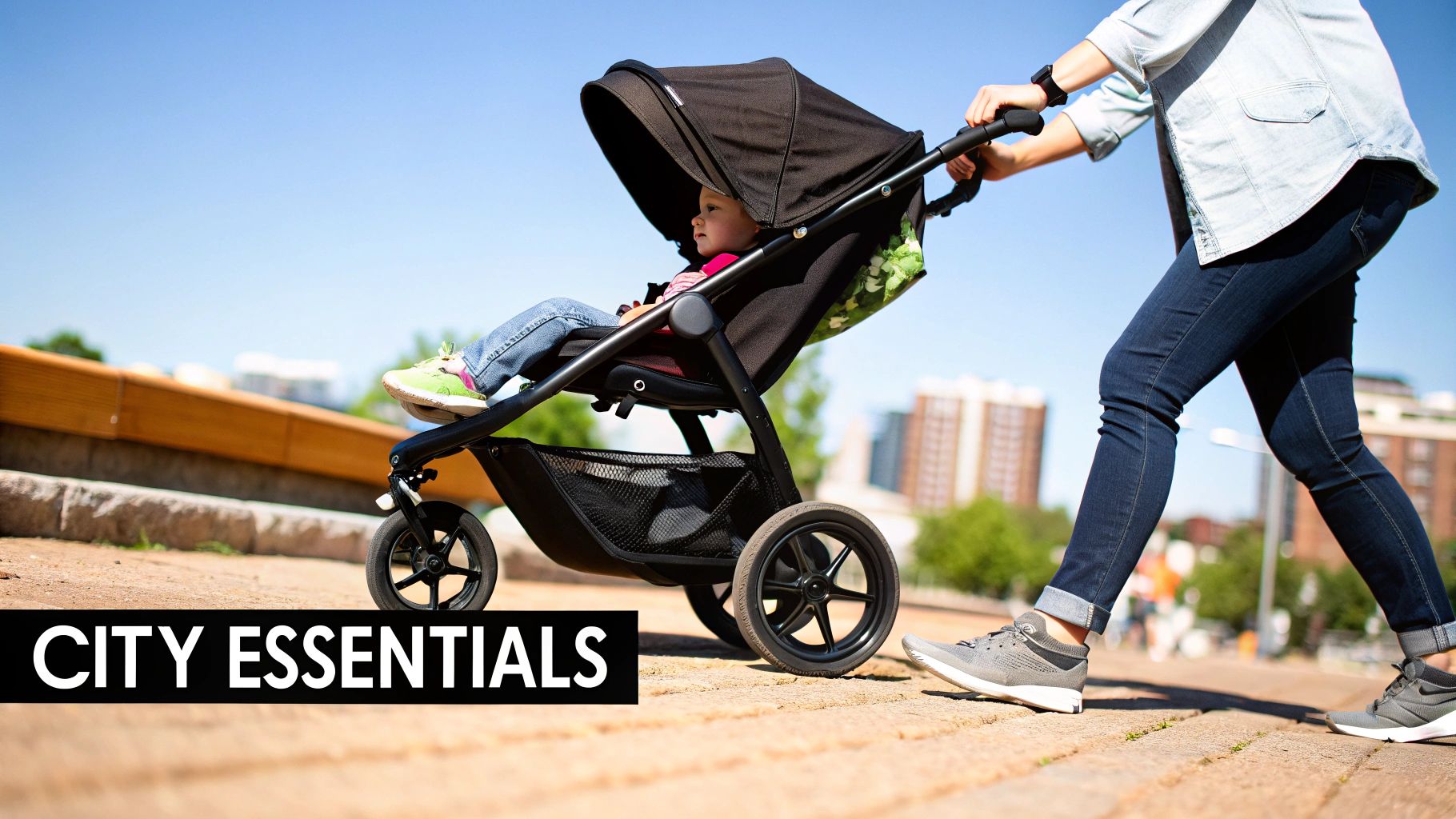 A parent pushes a black baby stroller with a child through a sunny city park.