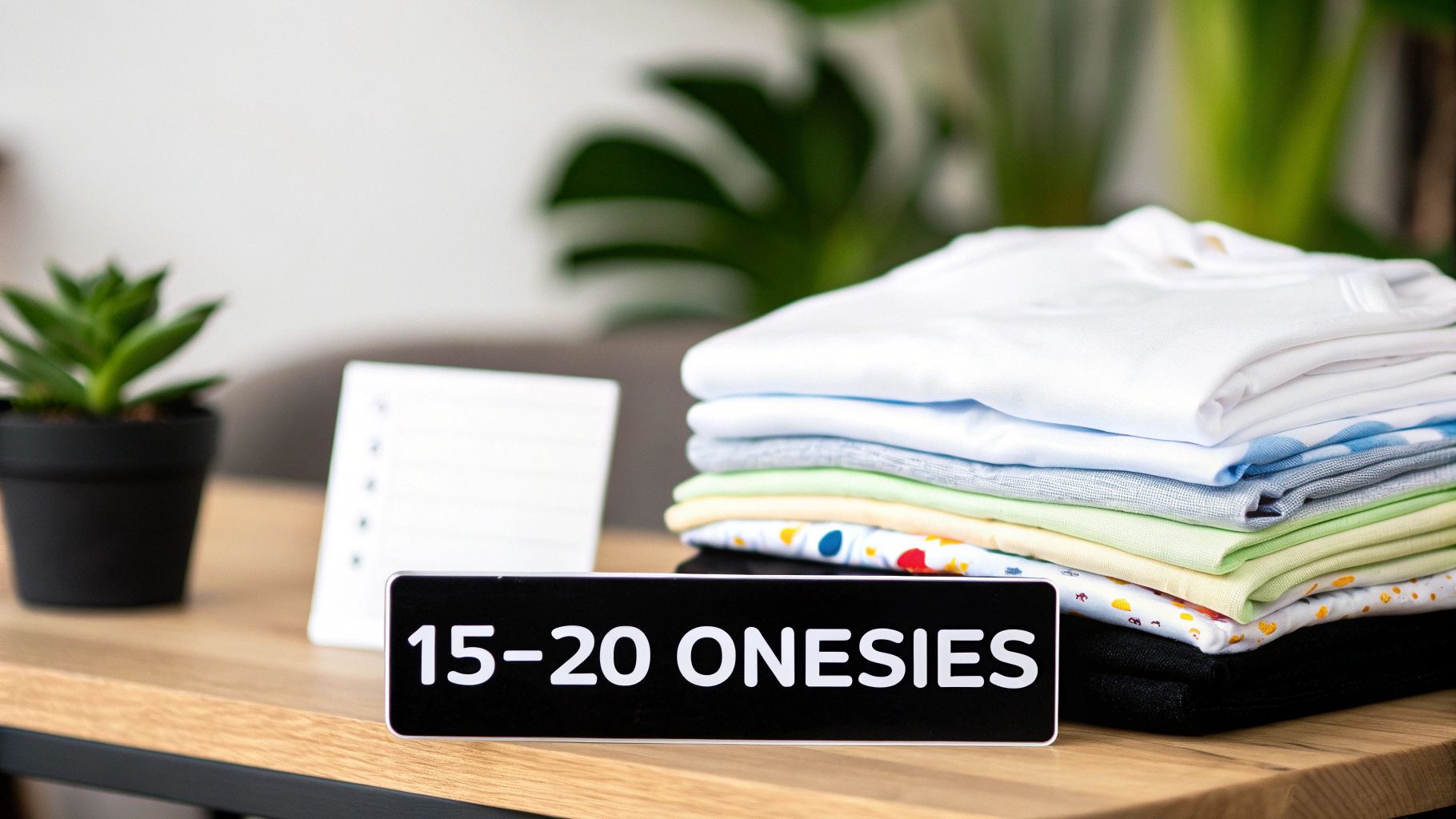 A stack of colorful folded baby onesies next to a sign saying '15-20 ONESIES' on a wooden table.