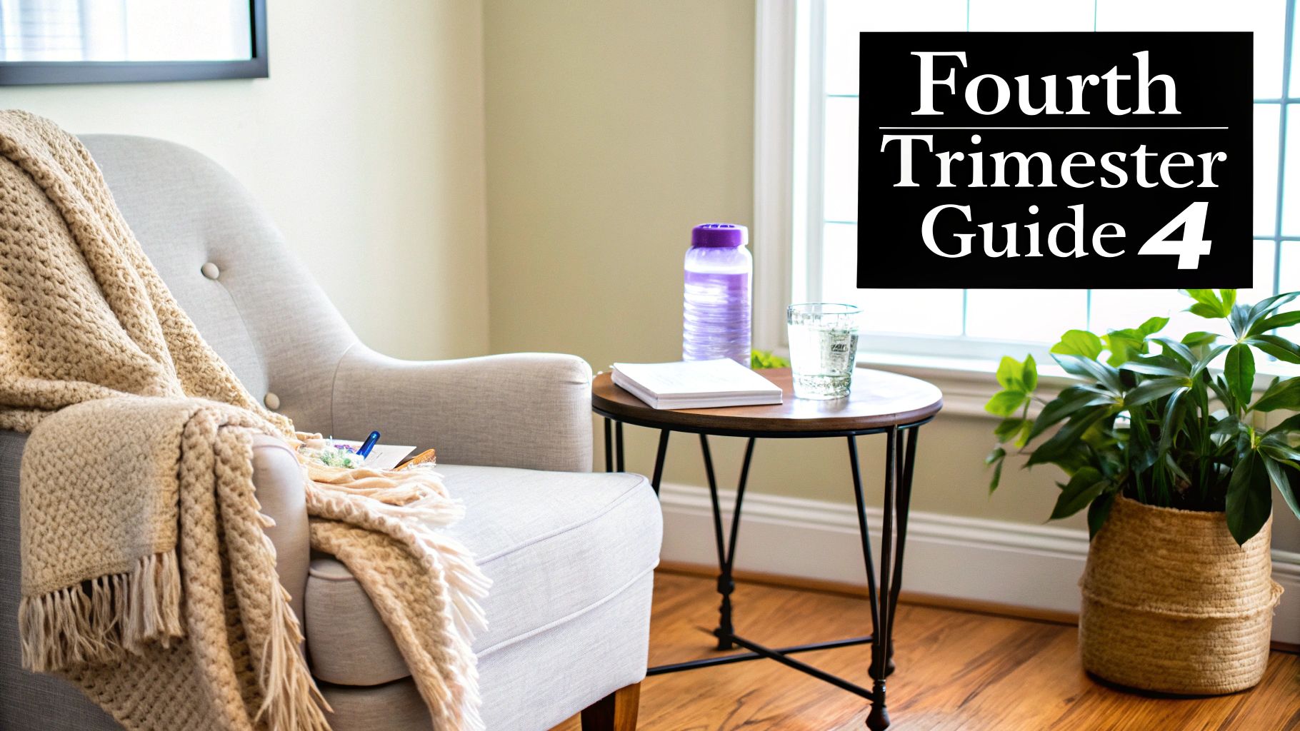 A comfortable postpartum space featuring a cozy chair, book, and hydration, with 'Fourth Trimester Guide 4' text.