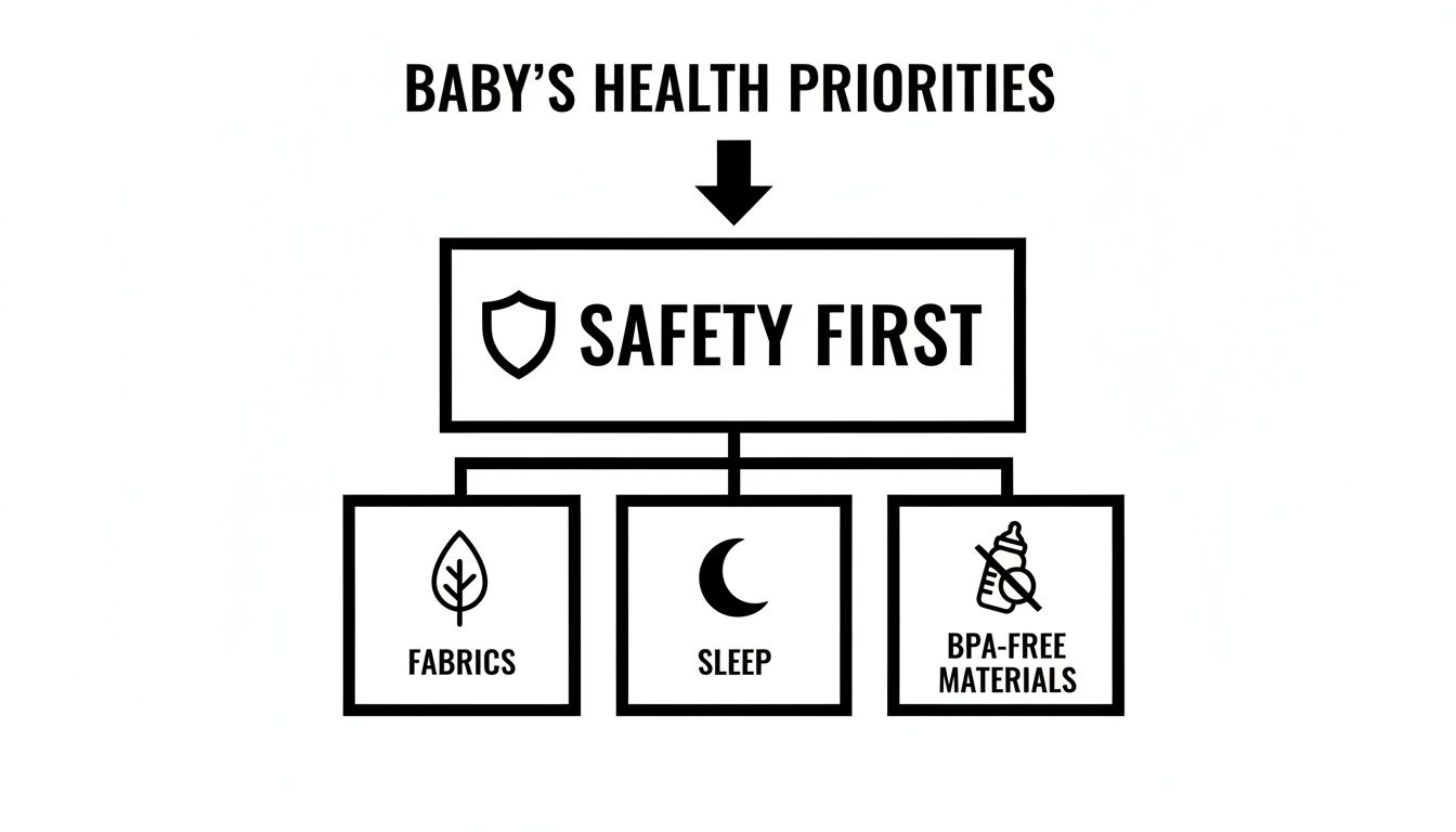 A baby's health priorities chart, emphasizing safety first, followed by fabrics, sleep, and BPA-free materials.