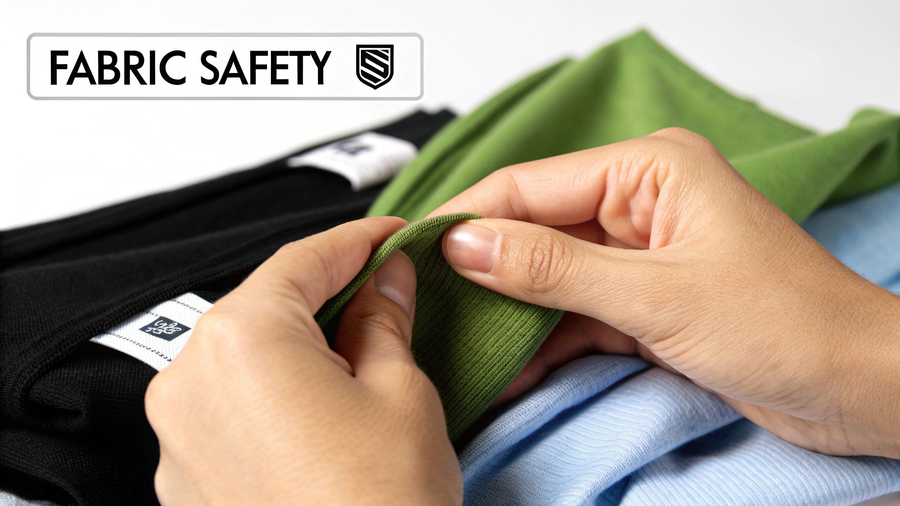 Hands carefully examining the quality of a green fabric, with 'FABRIC SAFETY' text and logo.