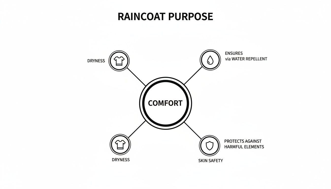 Diagram detailing raincoat purpose: comfort, dryness, water repellency, and skin safety.