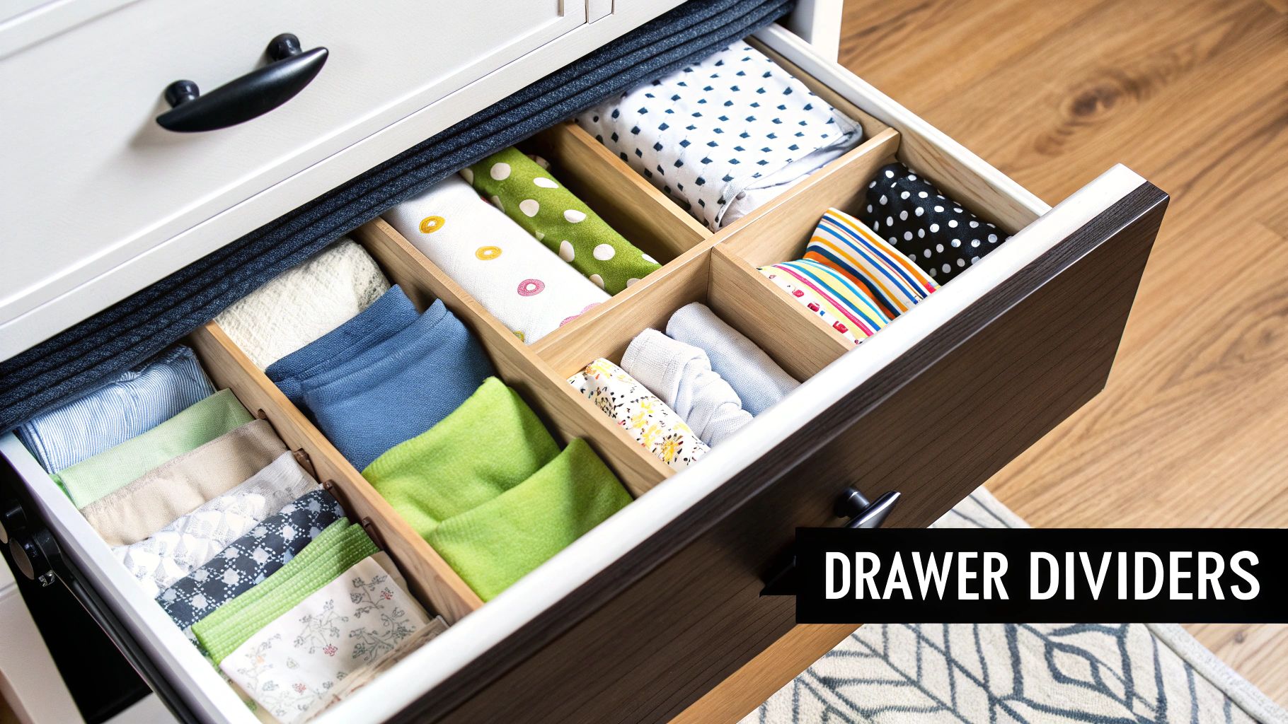 An open white drawer with wooden dividers neatly organizing colorful baby clothes and linens.