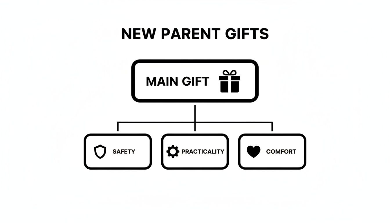 A diagram illustrating gift ideas for new parents, categorized into safety, practicality, and comfort from a main gift.