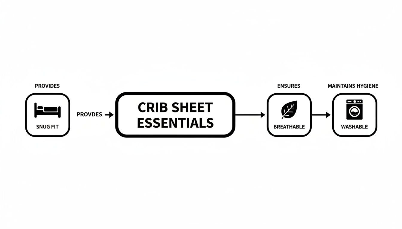 Flowchart illustrating crib sheet essentials: providing a snug fit, ensuring breathability, and being washable for hygiene.