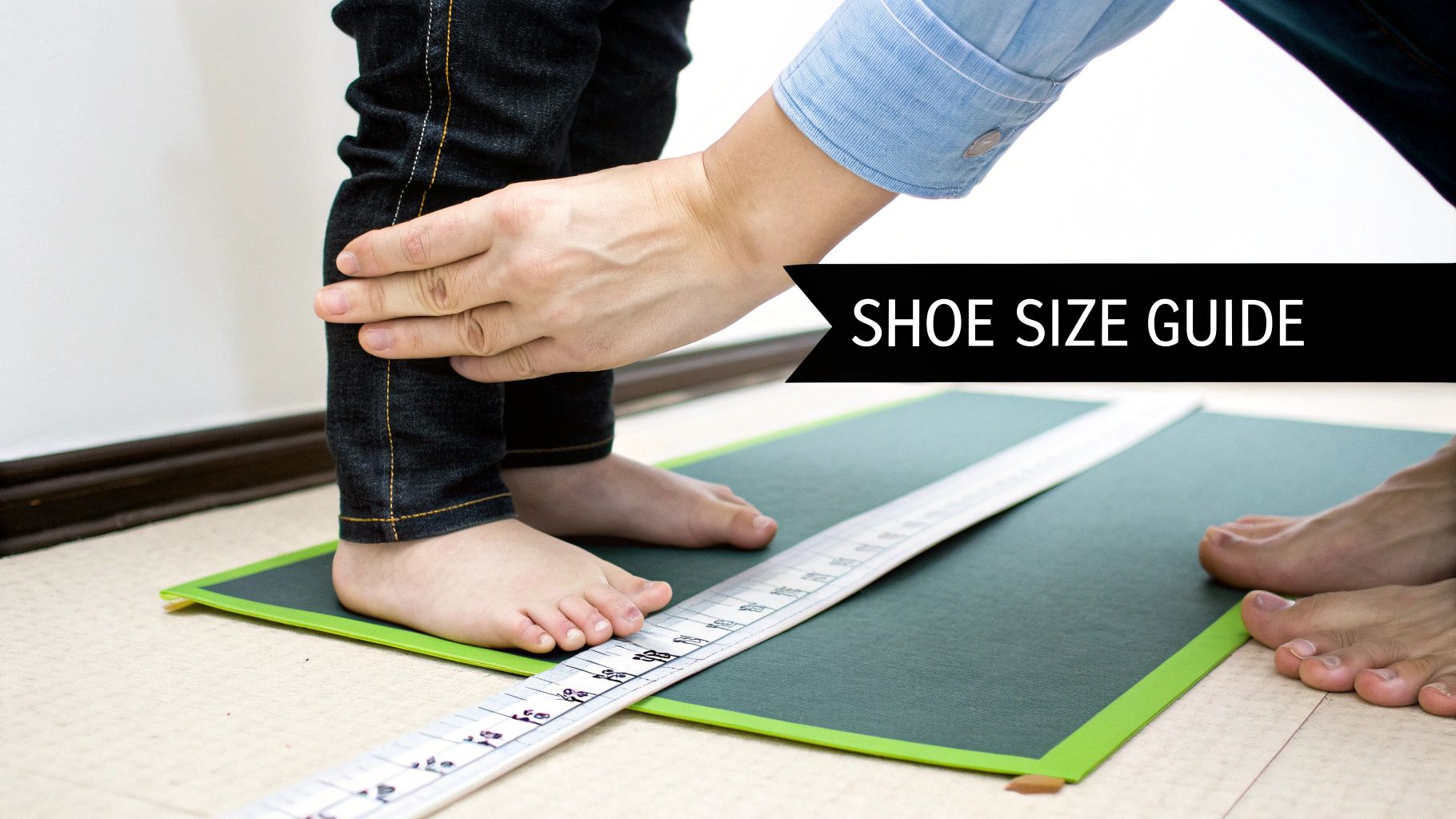 A person measures a child's foot with a ruler on a green mat, with a 'SHOE SIZE GUIDE' banner.