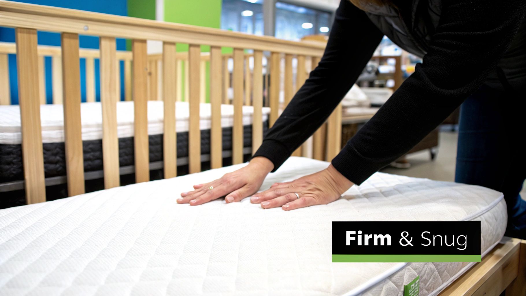 A person's hands test a firm and snug white crib mattress in a store.