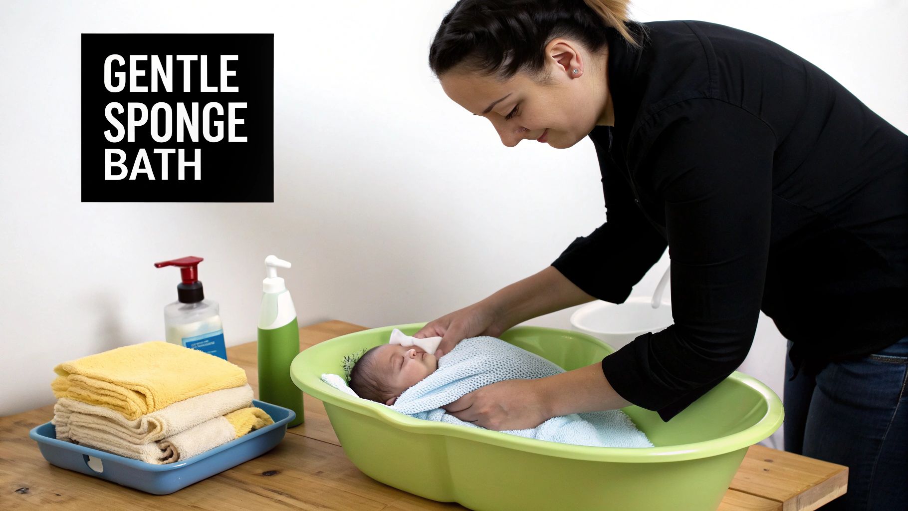A caregiver gently sponge bathing a newborn in a green basin, with bath supplies nearby.
