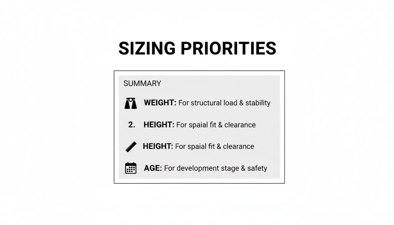 An image outlining sizing priorities: Weight for load and stability, Height for fit and clearance, and Age for development and safety.