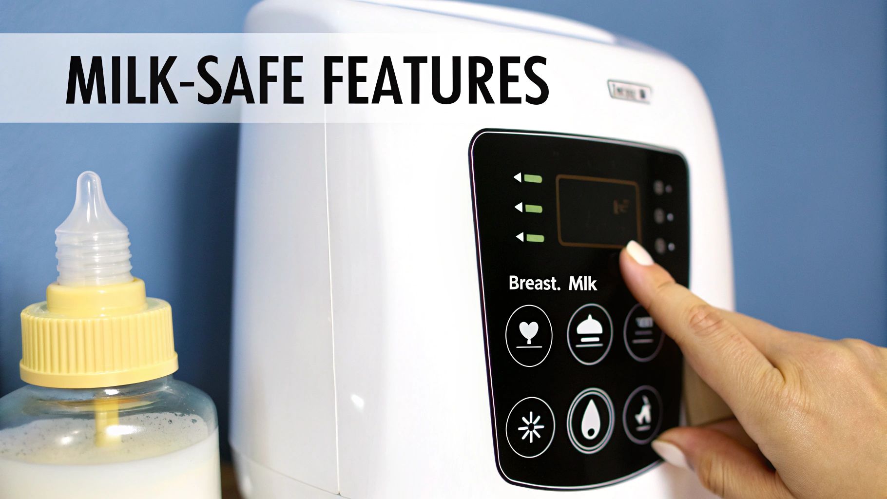 Hand selecting "Breast. Milk" on a white bottle warmer, beside a baby bottle, highlighting milk-safe features.