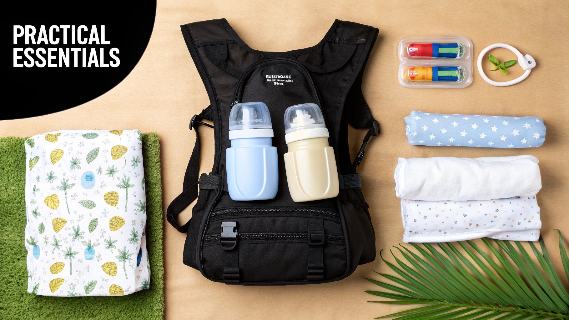 A flat lay of baby essentials including a black diaper backpack, bottles, blankets, and toys on a wooden surface.