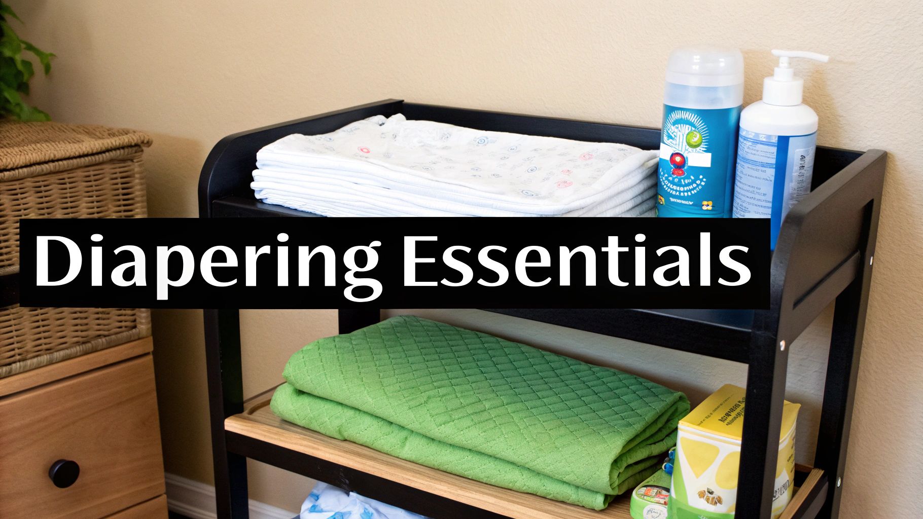 A changing station setup with stacks of white cloths, two bottles, and green blankets, captioned 'Diapering Essentials'.