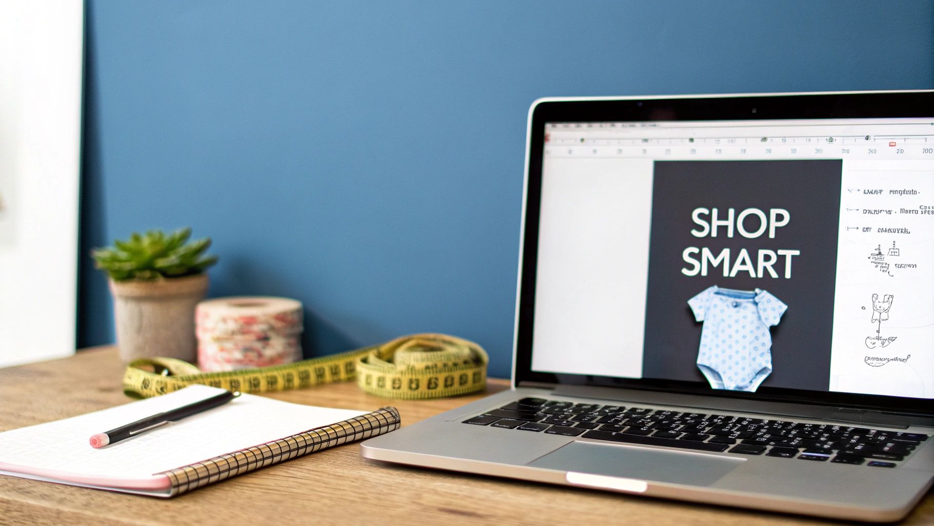 A laptop displays 'SHOP SMART' with a baby onesie, alongside a notebook, pen, and measuring tape on a wooden desk.
